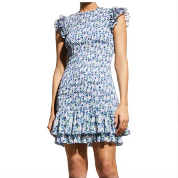 VERONICA BEARD 6 Cici Floral Smocked Fit & Flare Mini Dress Ruffles Cottagecore - Picture 1 of 13